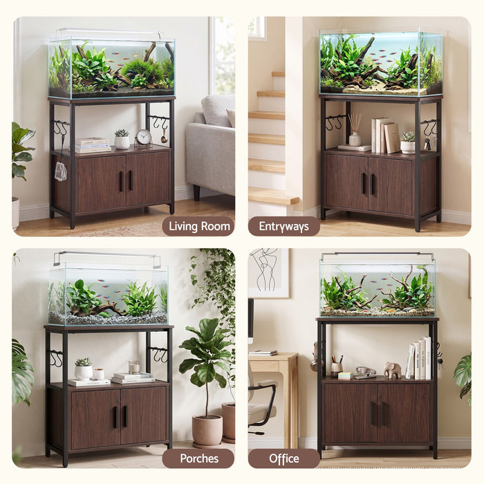 Artiss 20 Gallon Fish Tank Stand 3-Tier Aquarium Stand with Storage Cabinet and Open Shelf Walnut