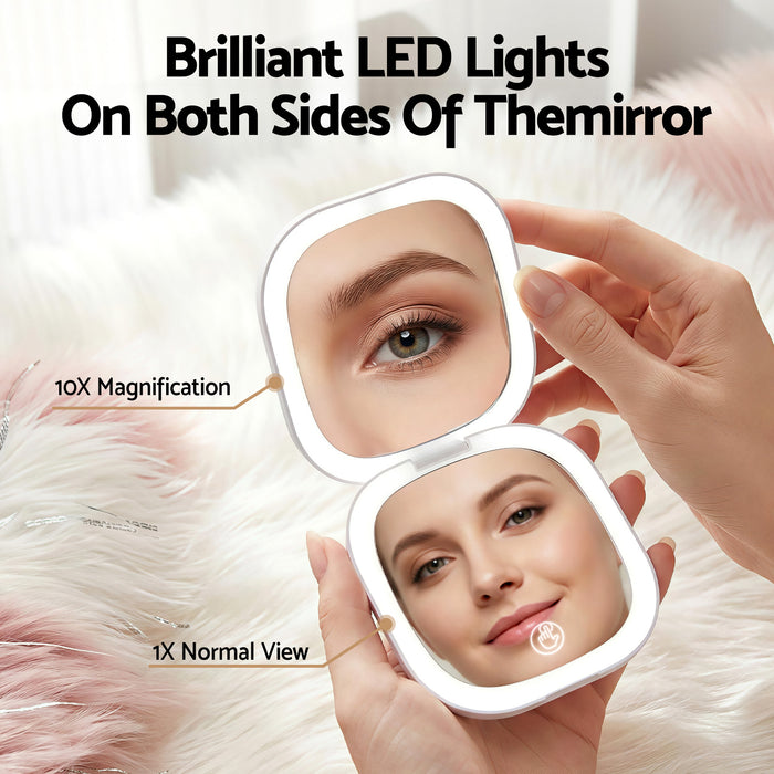 Embellir LED Compact Mirror Lighted Travel Makeup Mirror Pocket-Sized 1x 10x Magnification Square White