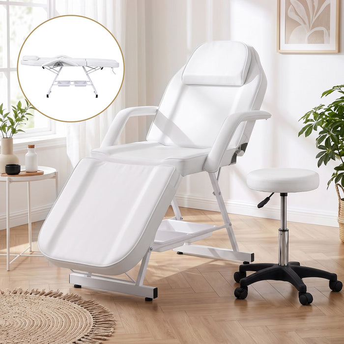 Zenses Beauty Bed with Stool, White, Adjustable Facial Massage Table, Tattoo Chair, Salon Services