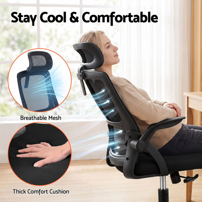 Artiss Ergonomic Office Chair Mesh Deak Chair with Flip-up Arms Adjustable Headrest Black