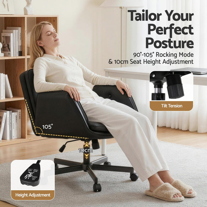 Artiss Criss Cross Chair with Wheels & Adjustable Armrests, Ergonomic Cross Legged Office Desk Chair PU Leather Vanity Chair Swivel for Home, Make Up, Bedroom, Computer, Black