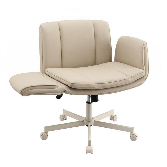 Artiss Cross Legged Office Chair PU Leather Swivel Vanity Chair Wide Seat Adjustable Arms Beige