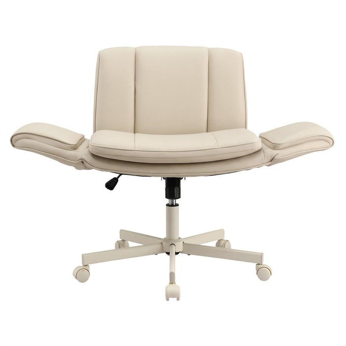 Artiss Cross Legged Office Chair PU Leather Swivel Vanity Chair Wide Seat Adjustable Arms Beige