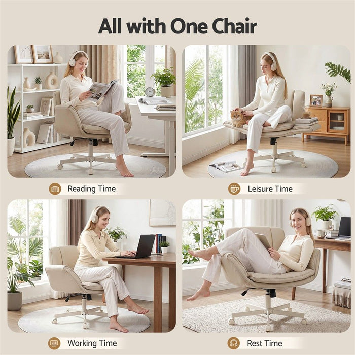 Artiss Cross Legged Office Chair PU Leather Swivel Vanity Chair Wide Seat Adjustable Arms Beige