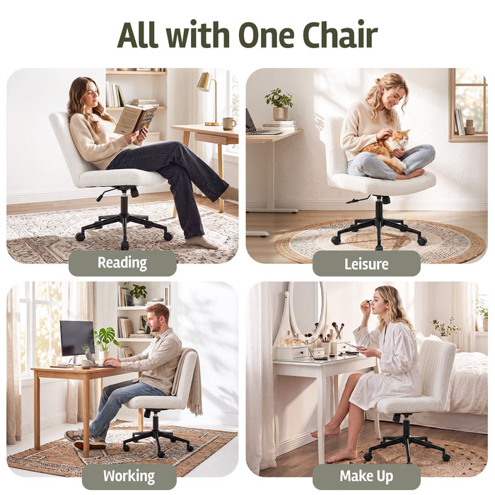 Artiss Armless Cross Legged Office Chair Wide Seat Vanity Chair Teddy Fleece Beige
