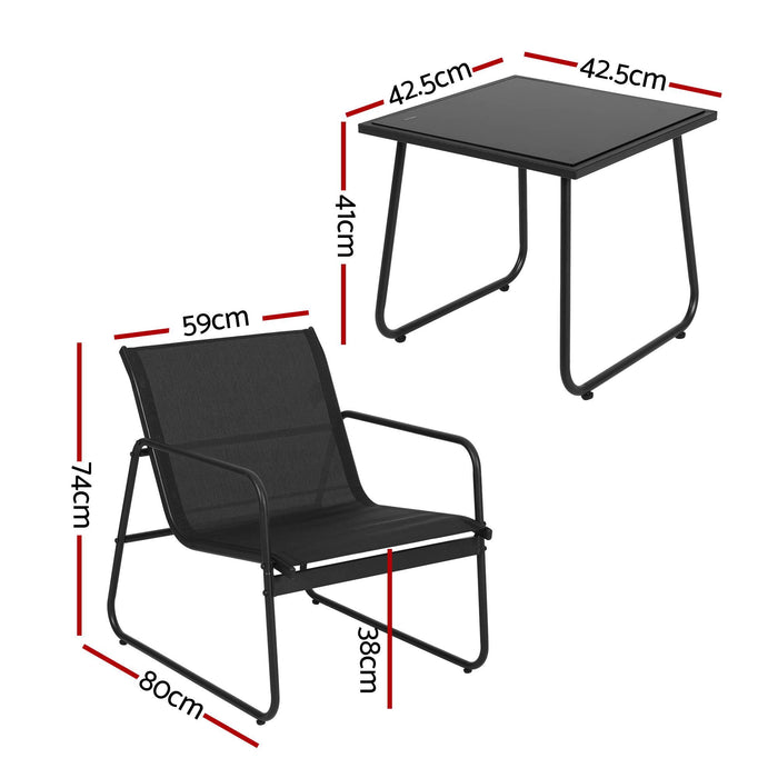 Gardeon Outdoor Bistro Set 3 Piece Patio Furniture Textilene Chairs Glass Table