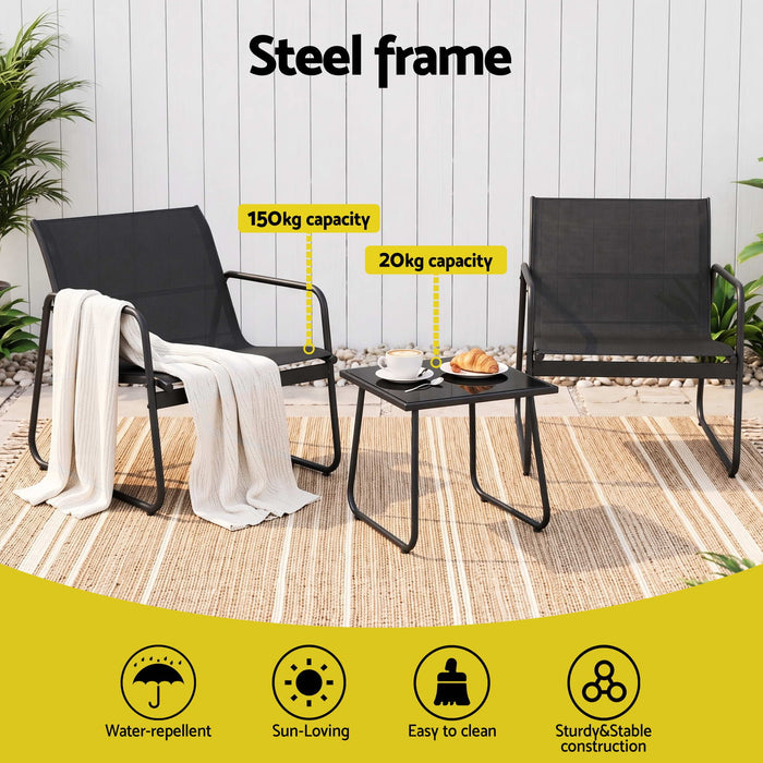 Gardeon Outdoor Bistro Set 3 Piece Patio Furniture Textilene Chairs Glass Table