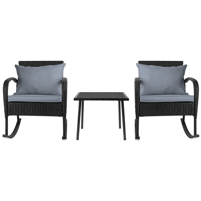 Gardeon 3PC Rocking Chair Table Wicker Outdoor Furniture Patio Bistro Set Black