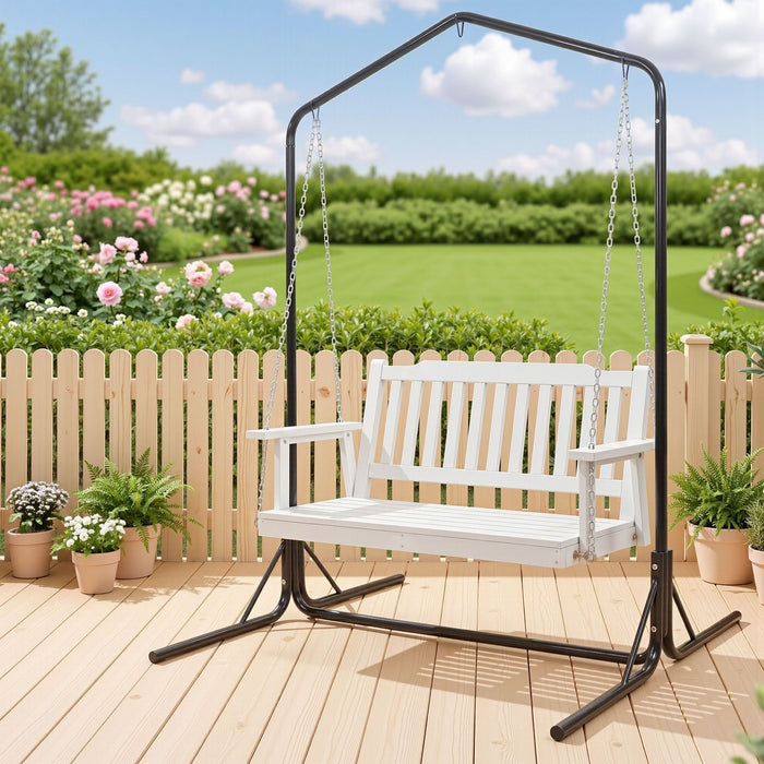 Gardeon Wooden 2-Seater Outdoor Swing Chair with Black Stand White Hanging Chair