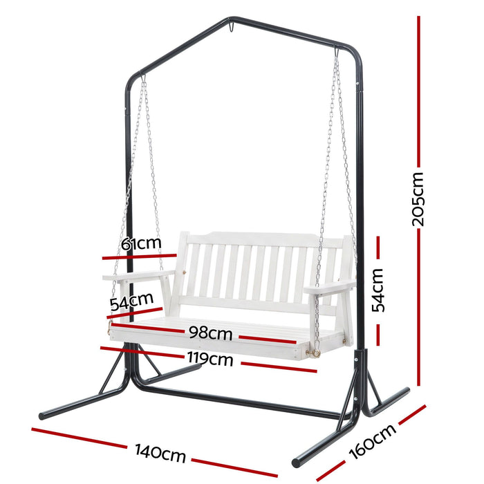 Gardeon Wooden 2-Seater Outdoor Swing Chair with Black Stand White Hanging Chair