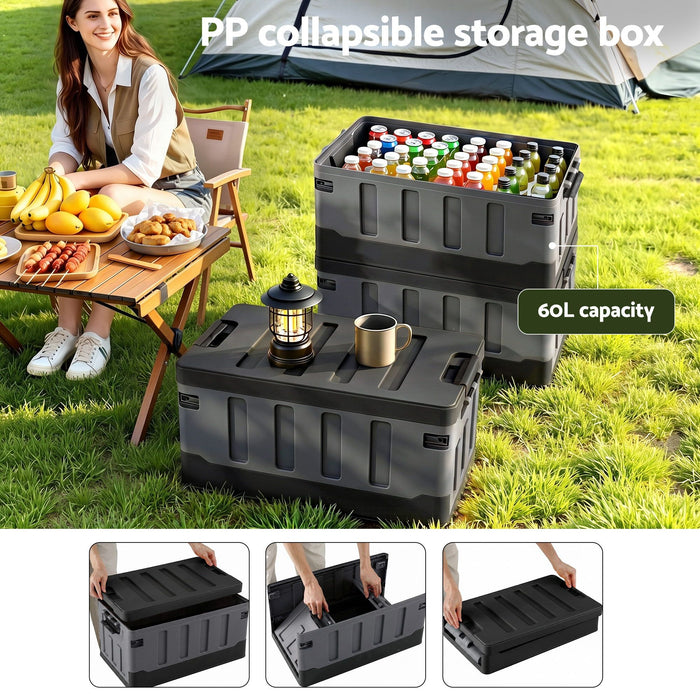 Gardeon Collapsible Outdoor Storage Box 60L Stackable Folding Camping Organizer Black