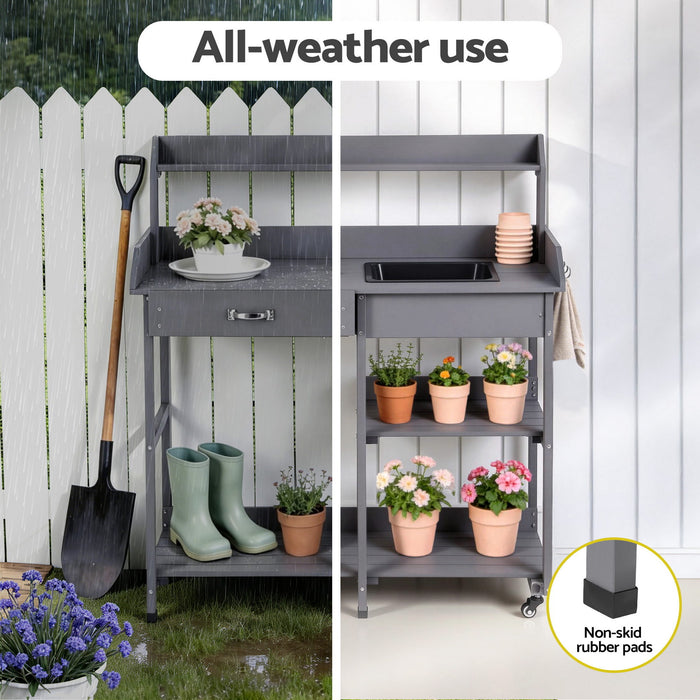 Gardeon Outdoor Potting Bench Table Storage Cabinet Potters Garden Workstation Grey