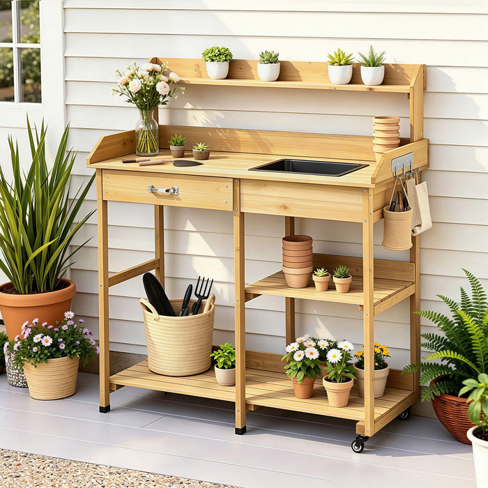 Gardeon Outdoor Potting Bench Table Storage Cabinet Potters Garden Workstation Natural