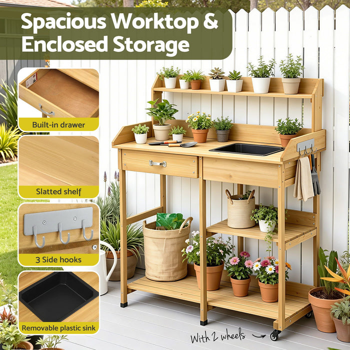 Gardeon Outdoor Potting Bench Table Storage Cabinet Potters Garden Workstation Natural