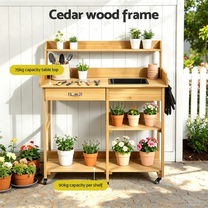 Gardeon Outdoor Potting Bench Table Storage Cabinet Potters Garden Workstation Natural