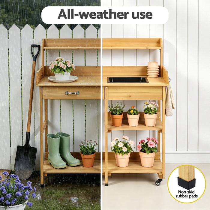 Gardeon Outdoor Potting Bench Table Storage Cabinet Potters Garden Workstation Natural