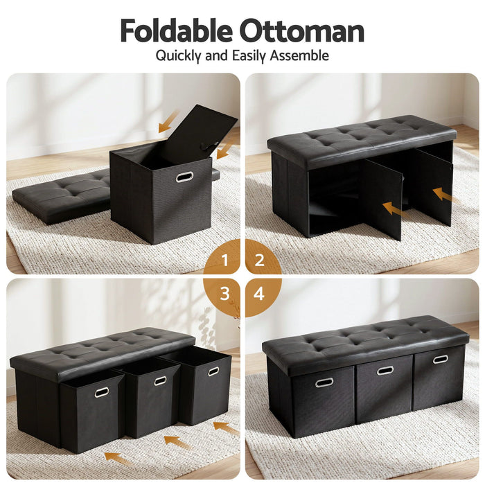 Artiss Storage Ottoman with 3 Cube Drawers Foot Stool Rest Foldable Black