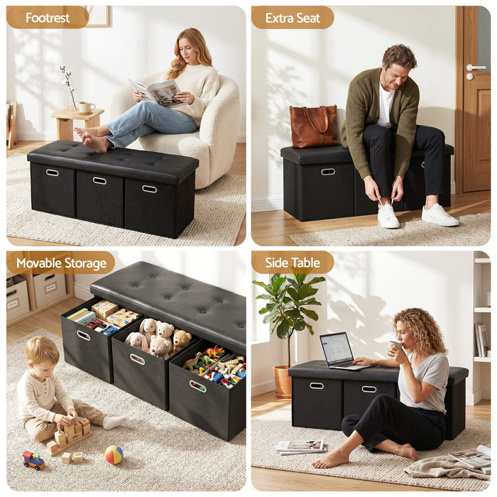 Artiss Storage Ottoman with 3 Cube Drawers Foot Stool Rest Foldable Black