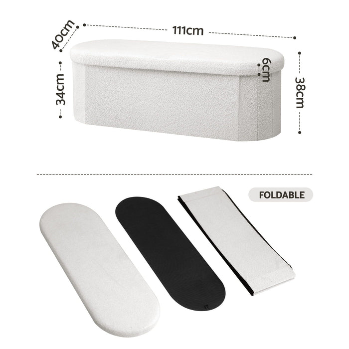 Artiss Storage Ottoman Foot Stool Rest Boucle Fabric Foldable White