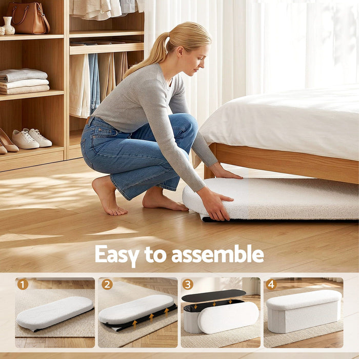 Artiss Storage Ottoman Foot Stool Rest Boucle Fabric Foldable White