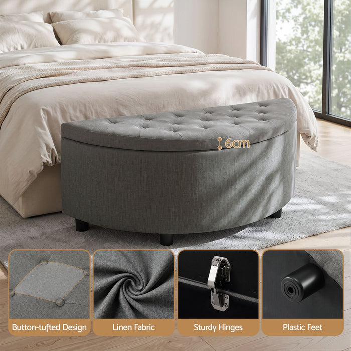 Artiss Storage Ottoman Bench Linen Fabric Tufted Half Round Footstool Grey