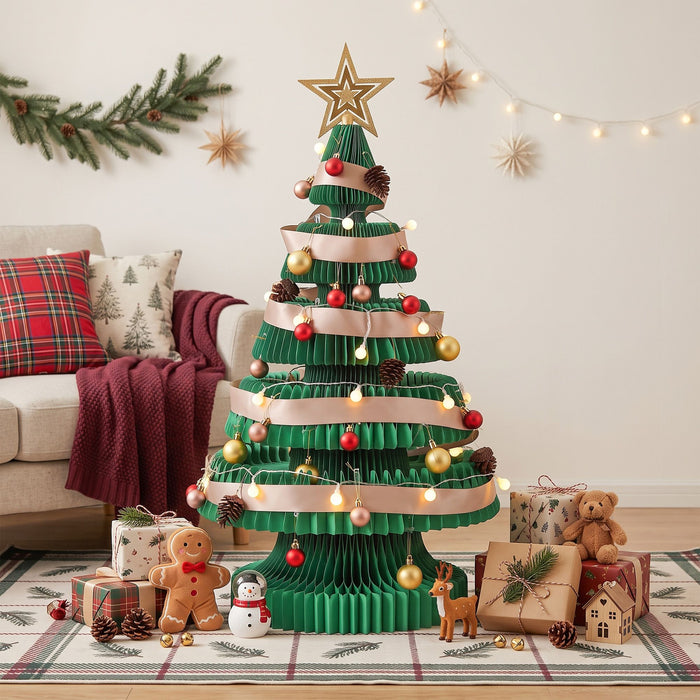 Jingle Jollys Paper Christmas Tree 87CM w/ Star Topper LEDs Xmas Decorations Kit Home Office Green