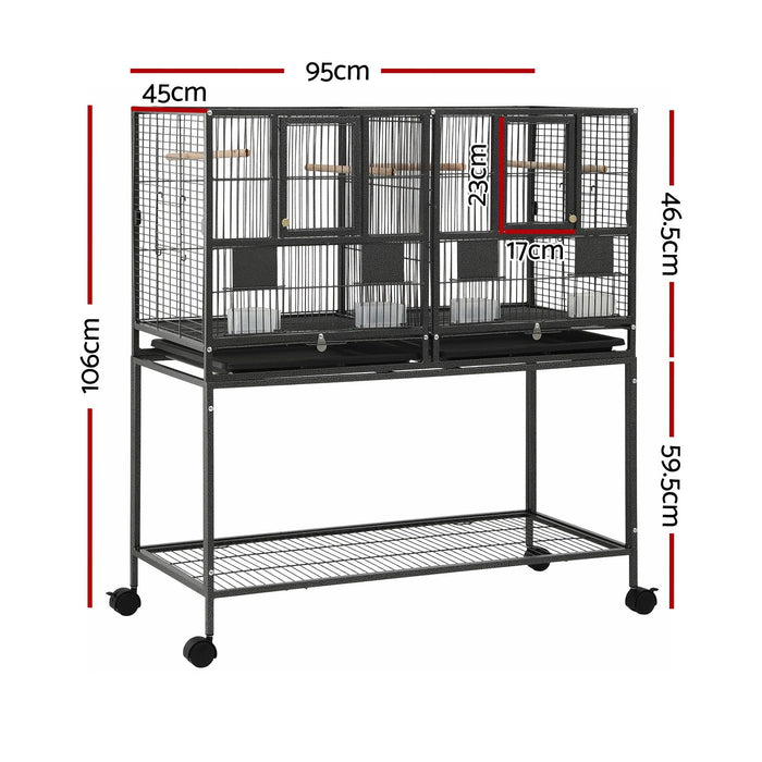i.Pet 106cm 2-in-1 Bird Cage Aviary with Divider Parrot Budgie Wheels Black