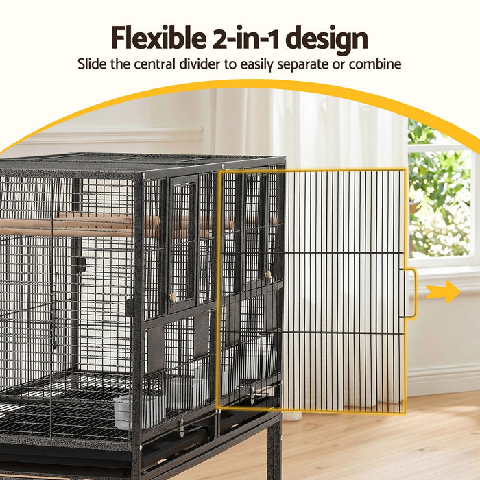 i.Pet 106cm 2-in-1 Bird Cage Aviary with Divider Parrot Budgie Wheels Black