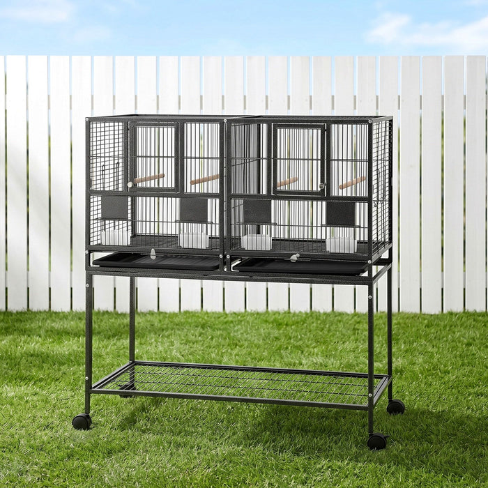 i.Pet 106cm 2-in-1 Bird Cage Aviary with Divider Parrot Budgie Wheels Black