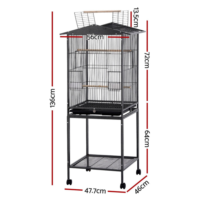 i.Pet 136cm Bird Cage Aviary Open Top Parrot Budgie Stand Wheels Black