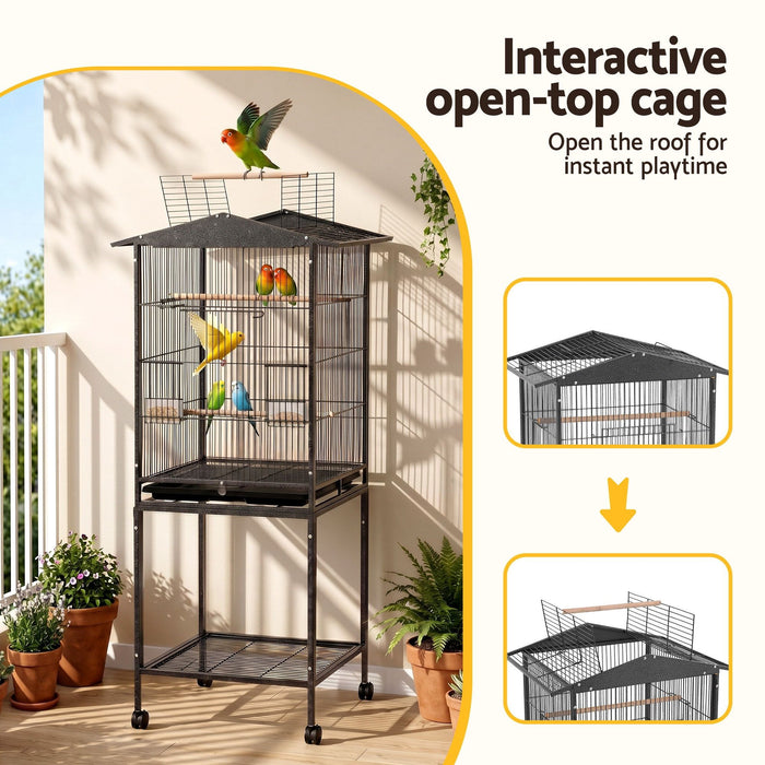 i.Pet 136cm Bird Cage Aviary Open Top Parrot Budgie Stand Wheels Black