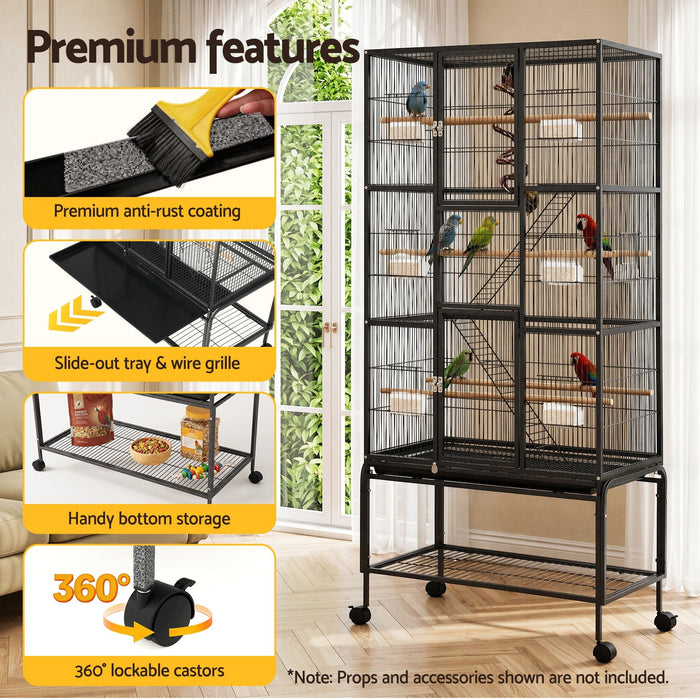 i.Pet 176cm 3-Tier Large Bird Cage Aviary with Ladder Parrot Budgie Wheels Black