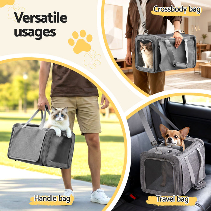 i.Pet Pet Carrier Bag Foldable Dog Cat Durable Crate Travel Cage Portable Car Kennel Grey