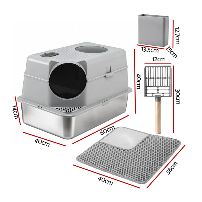 i.Pet Cat Litter Box Large Stainless Steel High Sided Pet Toilet Odour Control