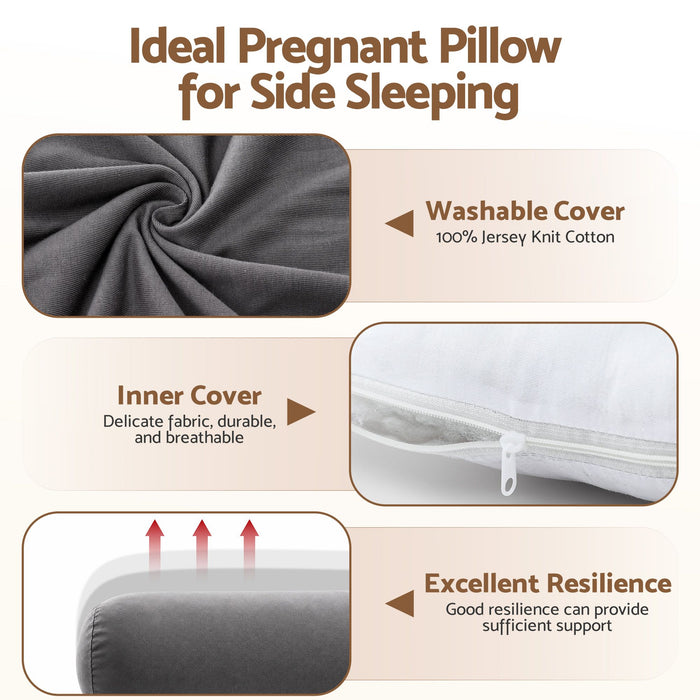 Giselle Bedding Pregnancy Pillow for Side Sleeping L-Shaped Maternity Body Pillow for Women 100% Cotton Jersey Cover for Head Neck Belly Support, 63x115 cm Grey