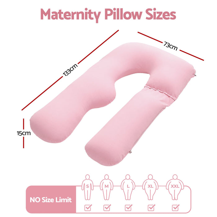 Giselle Bedding Pregnancy Pillow U Shaped Full Body Pillow with 100% Cotton Jersey Cover Maternity Pillow for Sleeping Reading, Pink, 73x133cm