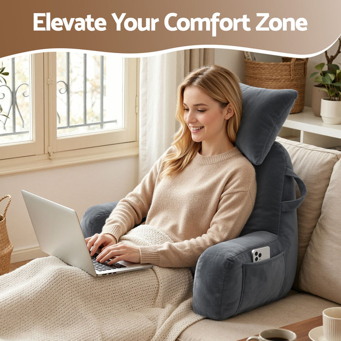 Giselle Bedding Reading Pillow with Detachable Neck Roll & Armrests Sit Up Pillow for Bed Back Support Pillow for Watching TV & Gaming Gray