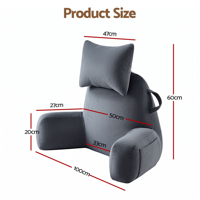 Giselle Bedding Reading Pillow with Detachable Neck Roll & Armrests Sit Up Pillow for Bed Back Support Pillow for Watching TV & Gaming Gray