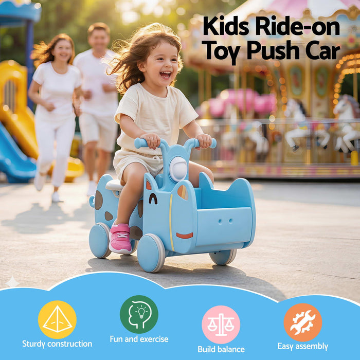 KEEZI Kids Ride On Push Car Toys with Storage Space Animal Stickers Blue 67CMX43CM