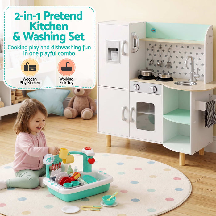 Keezi Kid Pretend Kitchen Wooden Play Sink Playset Dishwasher Toys Green
