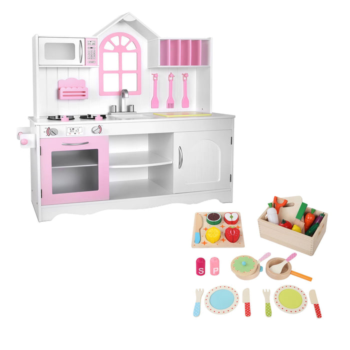 Keezi Wooden Kids Pretend Kitchen Playset with 29pc Food Set Pink White