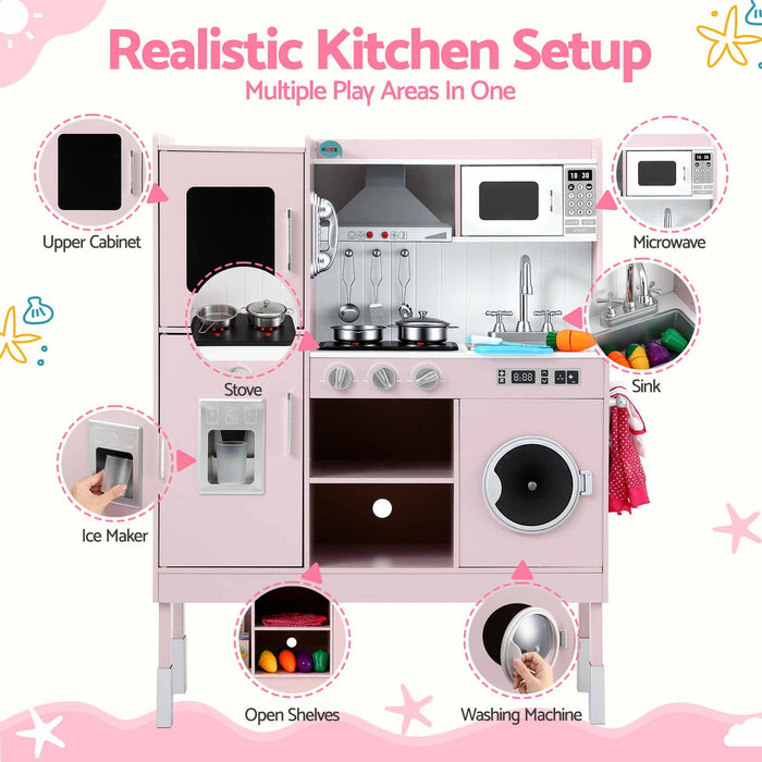 Keezi 102cm Wooden Pretend Kitchen Playset With Apron And Food Set1 Pink