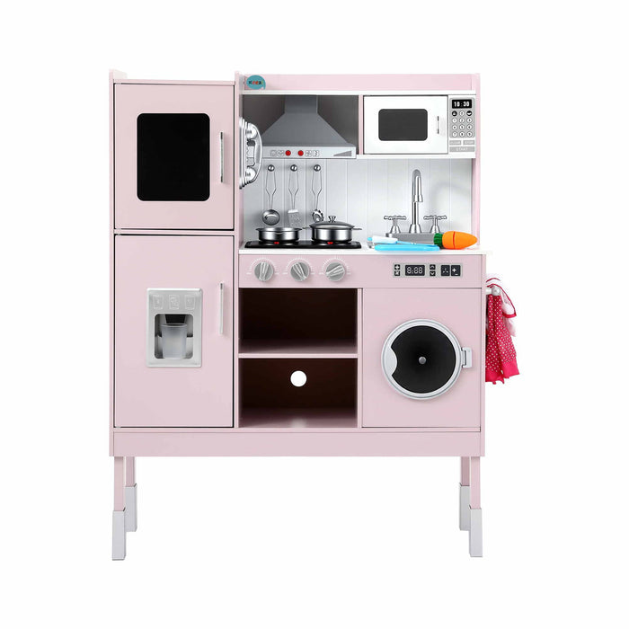 Keezi 102cm Wooden Pretend Kitchen Playset With Apron And Food Set1 Pink