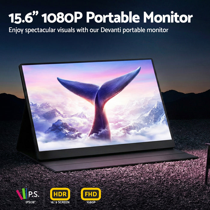 Devanti 15.6 Inch Portable Monitor FHD 1080P IPS USB-C HDMI Gaming Laptop Screen