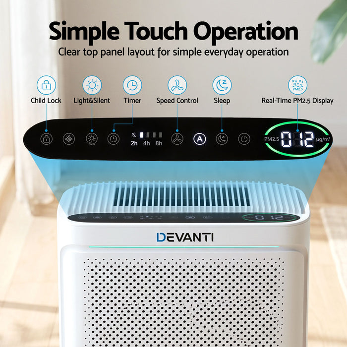 Devanti Air Purifier HEPA Air Cleaner Digital Display Bedroom White