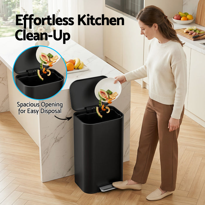 Cefito Kitchen Trash Can 40L Pedal Bins Rubbish Bin Steel with Soft Close Lid, Removable Inner Bucket, Rectangular Garbage Can Recycling Bin, Black
