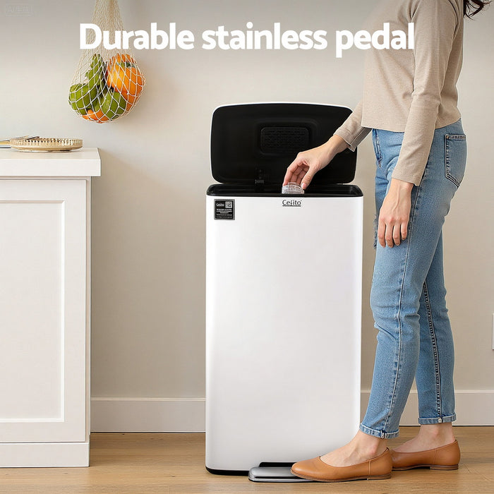 Cefito Pedal Bins Rubbish Bin Waste Recycle Dustbins Kitchen Trash Can 40L White