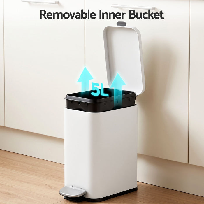 Cefito 5L Pedal Rubbish Bin Carbon Steel Rectangular Trash Can Removable Bucket White