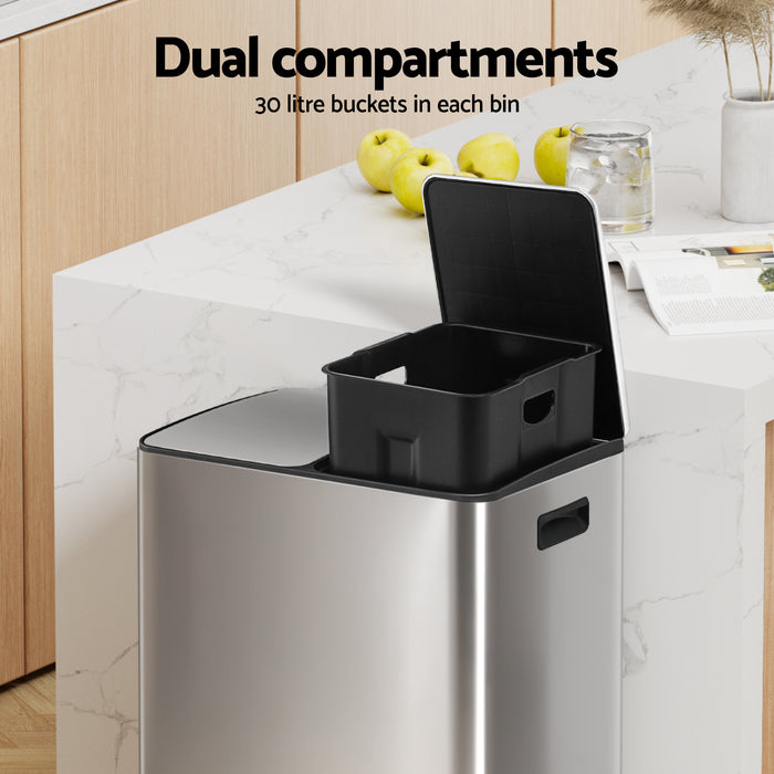 Cefito Pedal Bins Rubbish Bin Dual Compartment Waste Recycle Dustbins 60L Silver