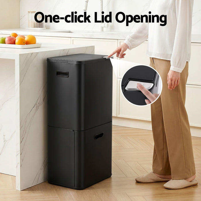 Cefito 63L Rubbish Bin 3 Compartment Carbon Steel Split Door Trash Can Black